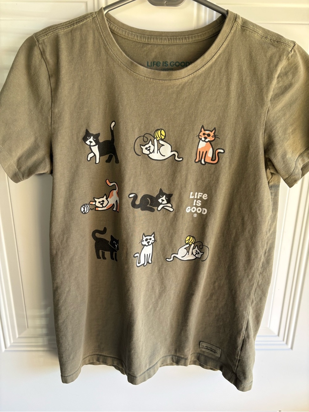 Life Is Good Olive Green Cat Graphic Tee with Playful Kitties